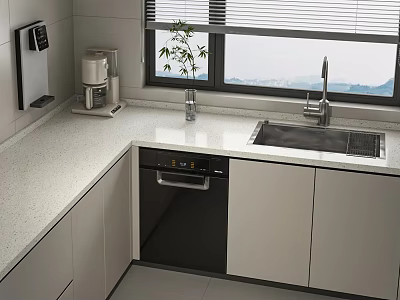 Modern Kitchen With Sleek White Countertop Dishwasher Coffee Maker And Potted Plant By Window 3d model