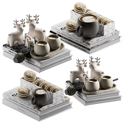 Decorative Deer Ornament Set With Mugs Stacked Books Cookies And Tray 3d model