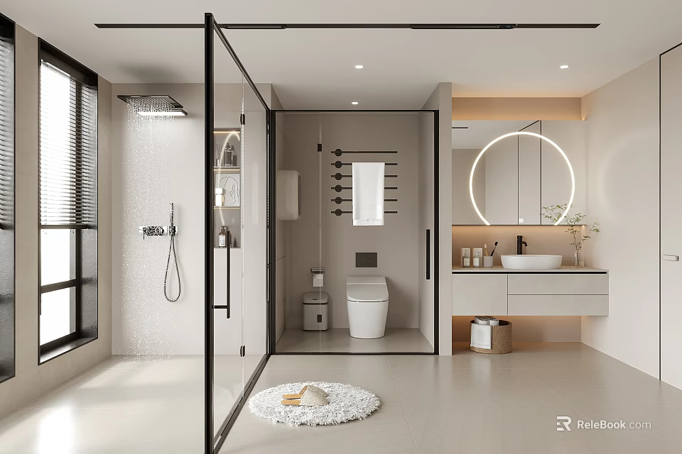 Modern Bathroom Interior Design With Glass Shower Enclosure Round Mirror And White Vanity 3d model 