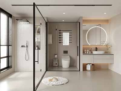 Modern Bathroom Interior Design With Glass Shower Enclosure Round Mirror And White Vanity 3d model