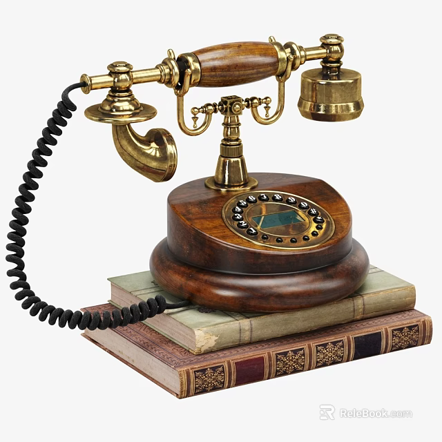Vintage Brass Telephone With Wooden Base Placed On Stacked Old Books 3d model 