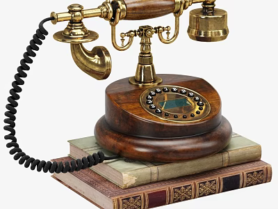 Vintage Brass Telephone With Wooden Base Placed On Stacked Old Books 3d model