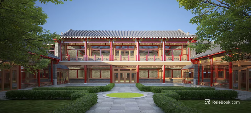 Traditional Chinese Courtyard Architecture With Red Columns Gray Tile Roof And Stone Path 3d model 