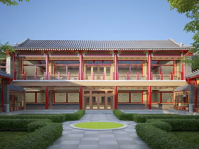 Traditional Chinese Courtyard Architecture With Red Columns Gray Tile Roof And Stone Path 3d model
