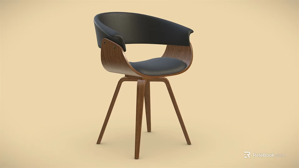 Modern Leisure Chair With Black Upholstered Cushion Wooden Armrest Three Legs Design 3d model 