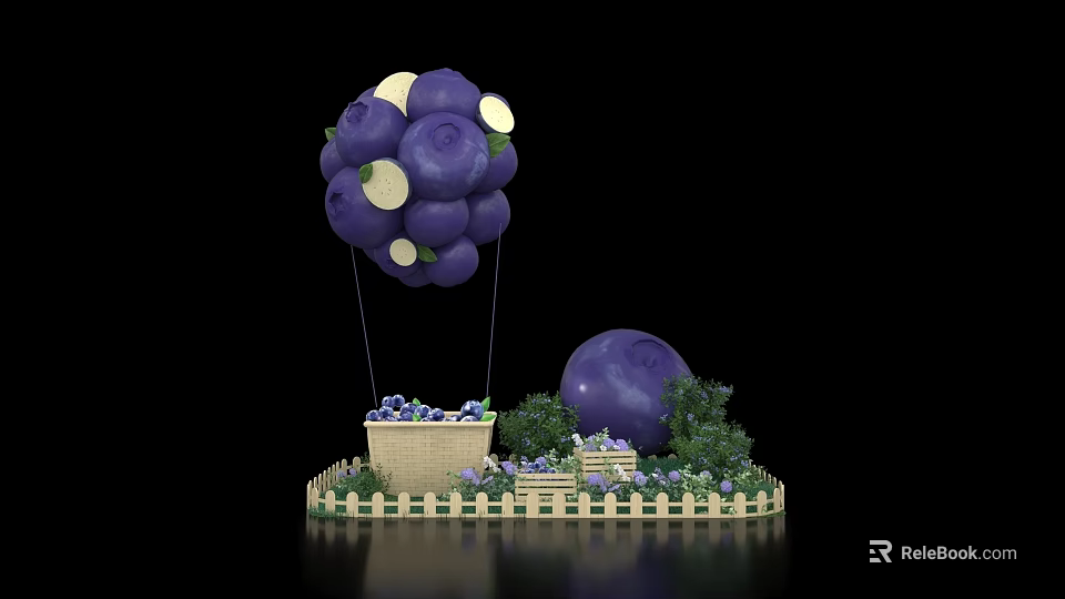 Inflatable Blueberry Shaped Balloons With Large Purple Ball Basket Green Plants And Fence 3d model 