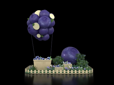 Inflatable Blueberry Shaped Balloons With Large Purple Ball Basket Green Plants And Fence 3d model