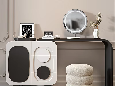 Modern Black And White Dressing Table With Round Mirror Plush Stool And Decorative Items 3d model