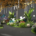 Floral Installation With Colorful Flowers Lush Green Plants Butterfly Decorations And Hanging Lights