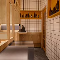 Cozy Restaurant Interior With Wooden Tables Chairs And Circular Wall Emblems