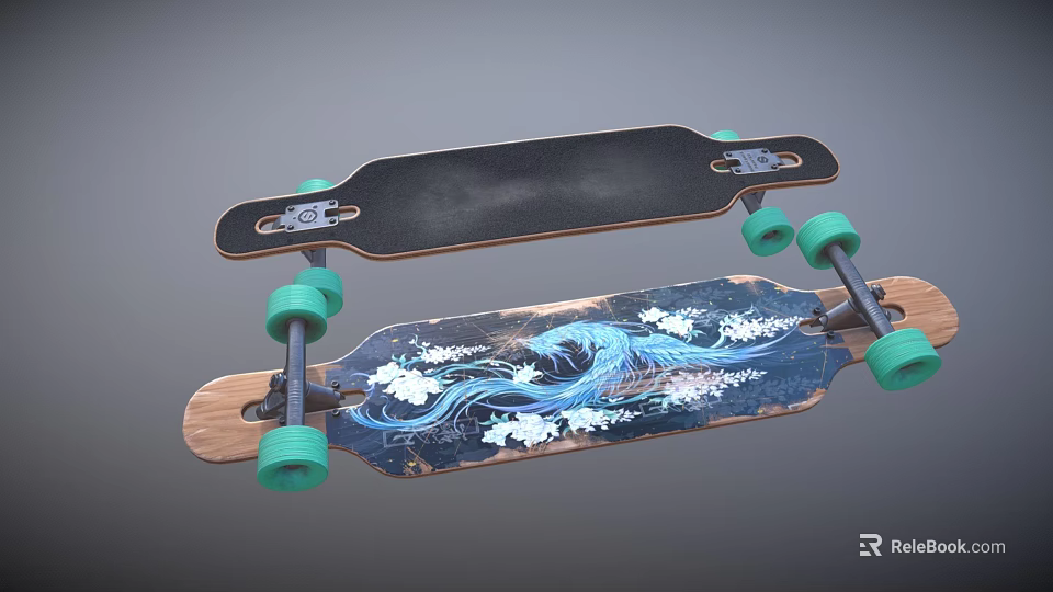 Colorful Skateboard With Blue Phoenix Pattern White Floral Design And Green Wheels 3d model 