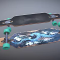 Colorful Skateboard With Blue Phoenix Pattern White Floral Design And Green Wheels