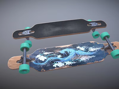 Colorful Skateboard With Blue Phoenix Pattern White Floral Design And Green Wheels 3d model