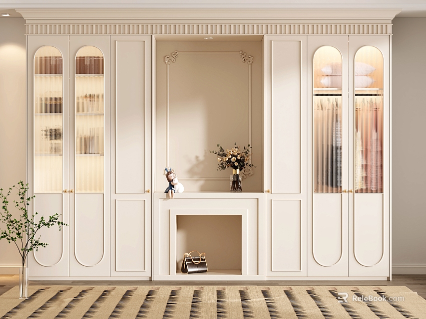 Modern Elegant White Wardrobe with Glass Doors and Fireplace Style Design Featuring Decorative Ornaments 3d model 