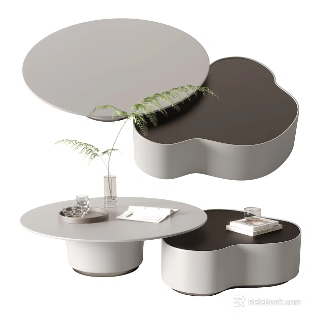 Modern Coffee Table With Round Cloud Shaped Design White Dark Brown Plant Tray Books 3d model
