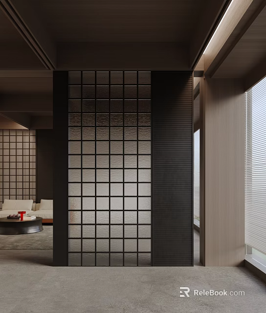 Modern Entrance Hallway Interior Design With Glass Grid Partition And Light Shadow Effects 3d model 