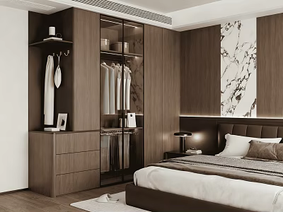Modern Custom Wooden Wardrobe With Glass Display Doors And Open Hanging Area For Bedroom Interior 3d model