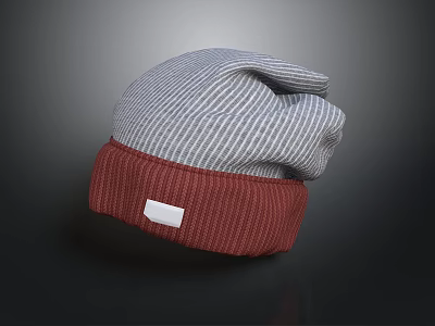 Stylish Knitted Winter Hat with Gray Striped Top and Red Cuff White Label 3d model