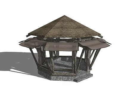 Outdoor Wooden Pavilion Featuring Thatch Roof Stone Base And Supporting Pillars 3d model