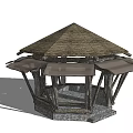 Outdoor Wooden Pavilion Featuring Thatch Roof Stone Base And Supporting Pillars
