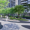 Residential Landscape With Tall Buildings Lush Trees Recreational Pathways Benches And People