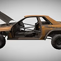 Rusty Off Road Car With Open Hood And Doors And Large Tires