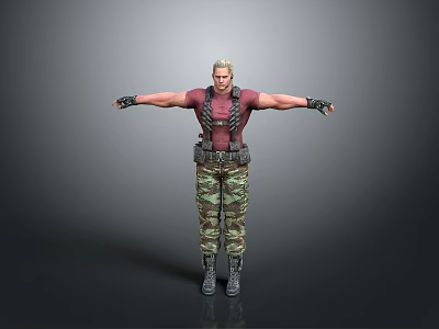 3D Male Figure In Red Vest Camouflage Pants With Arms Outstretched And Black Boots 3d model