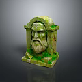 Green Bearded Stone Head Sculpture With Moss And Plants Decor 3d model
