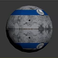 Metallic Sphere With Silver Surface And Blue Horizontal Stripes Featuring Circular Components