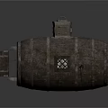 Wooden Barrel Shaped Water Vehicle With Small Windows Tower Like Structure And Paddle