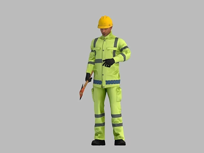 Man Wearing Yellow Hard Hat And High Visibility Green Work Uniform Holding Tool 3d model