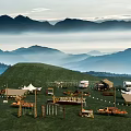 Garden Landscape Featuring Distant Mountains Lush Grassland Camping Tents Vehicles Outdoor Tables and String Lights