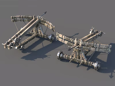 Ancient Medieval Siege Weapon With Wooden Mechanical Structure And Wheels 3d model