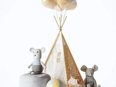 Kids Teepee Tent with Mouse Plush Toys Gold Balloons Round White Stool Yellow White Ball 3d model