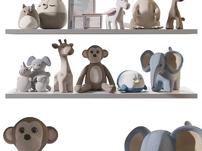 Adorable Various Animal Shaped Stuffed Toys Soft Plush Dolls on Display Shelves 3d model