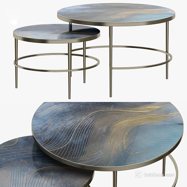 Modern Round Coffee Table With Metal Legs And Blue Gold Patterned Surface 3d model 