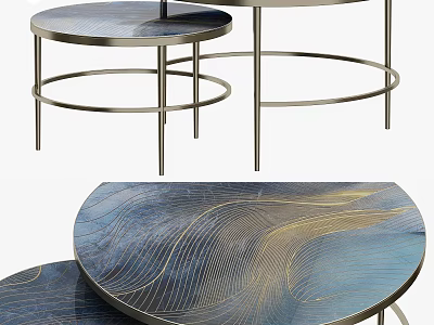Modern Round Coffee Table With Metal Legs And Blue Gold Patterned Surface 3d model