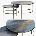 Modern Round Coffee Table With Metal Legs And Blue Gold Patterned Surface