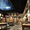 Traditional Restaurant Exterior With Brick Wall Green Awning Red Decorations And Entrance Design