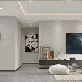Modern Living Dining Room With Black Sofa Brown Armchair Round Pendant Lights Geometric Wall Art