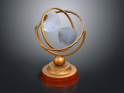 Decorative Ornament Set With Golden Metal Frame Transparent Spheres And Wooden Base 3d model
