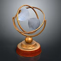 Decorative Ornament Set With Golden Metal Frame Transparent Spheres And Wooden Base