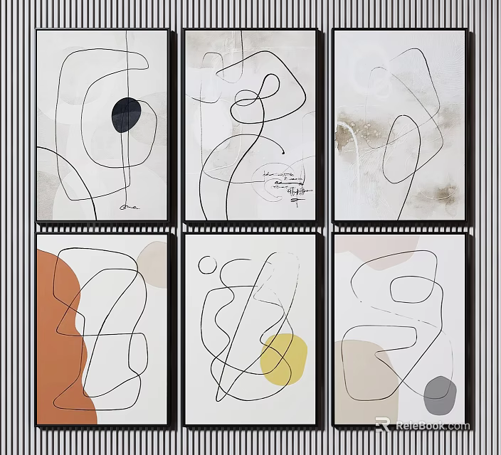 Multiple Abstract Line Art Prints With Color Blocks For Modern Decor 3d model