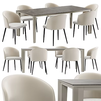 Modern Dining Table Set With Cream Upholstered Chairs Black Metal Legs And Wooden Tabletop 3d model