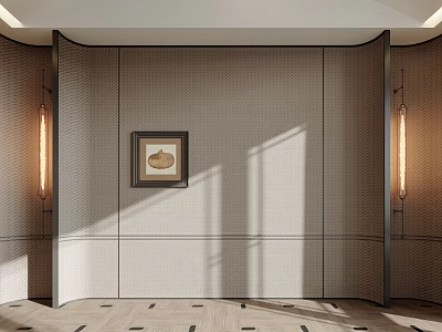 Modern Elegant Bedroom Accent Wall Design With Textured Surface Artwork Sconces And Light Shadow 3d model