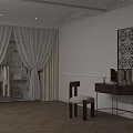 Elegant Modern Dressing Table With Mirror Side Chair Cosmetics Perfume Bottles And Herringbone Wooden Floor