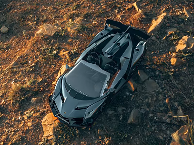 Silver Gray Sports Car With Front Hinged Door On Rocky Ground During Sunset Time 3d model