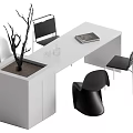 Modern Dining Table Set With White Tabletop Black White Chairs Potted Plant Book Glass Cups