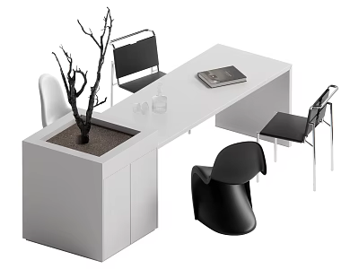 Modern Dining Table Set With White Tabletop Black White Chairs Potted Plant Book Glass Cups 3d model
