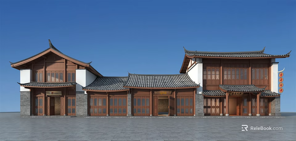 Traditional Chinese Commercial Street With Curved Eaves Wooden Facades And Slate Pavement 3d model 